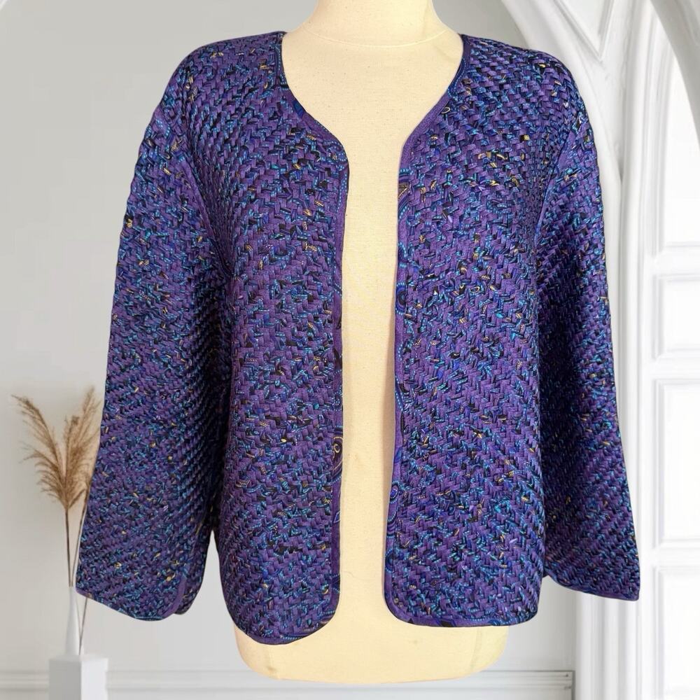 Chico's Design 100% Silk Purple Basketweave Open Jacket Size 16 Art Woven Drama
